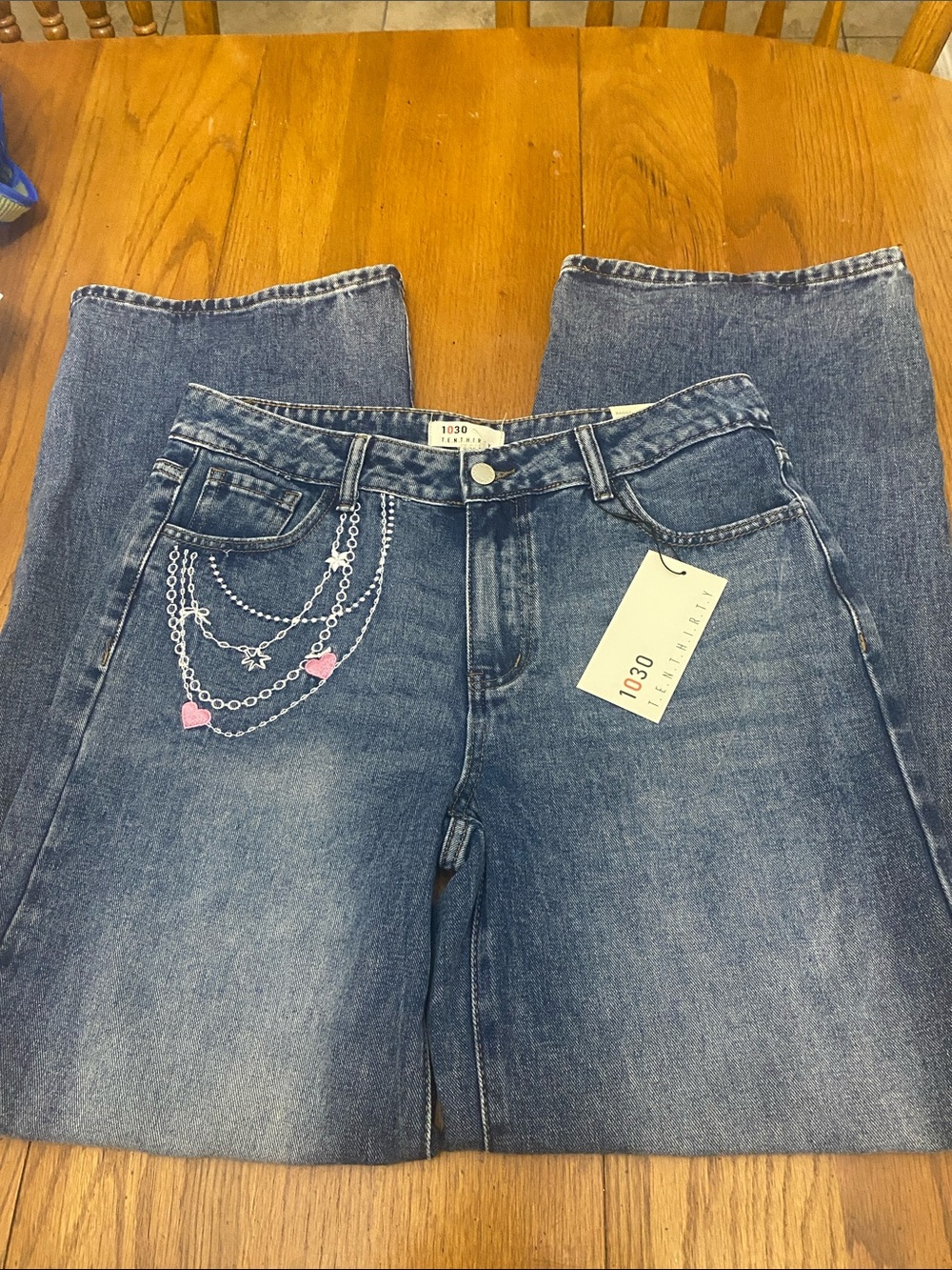 1030 Tenthirty Mid Rise Baggy Wide Leg Jeans with Embroidery Size 9/29 NWT